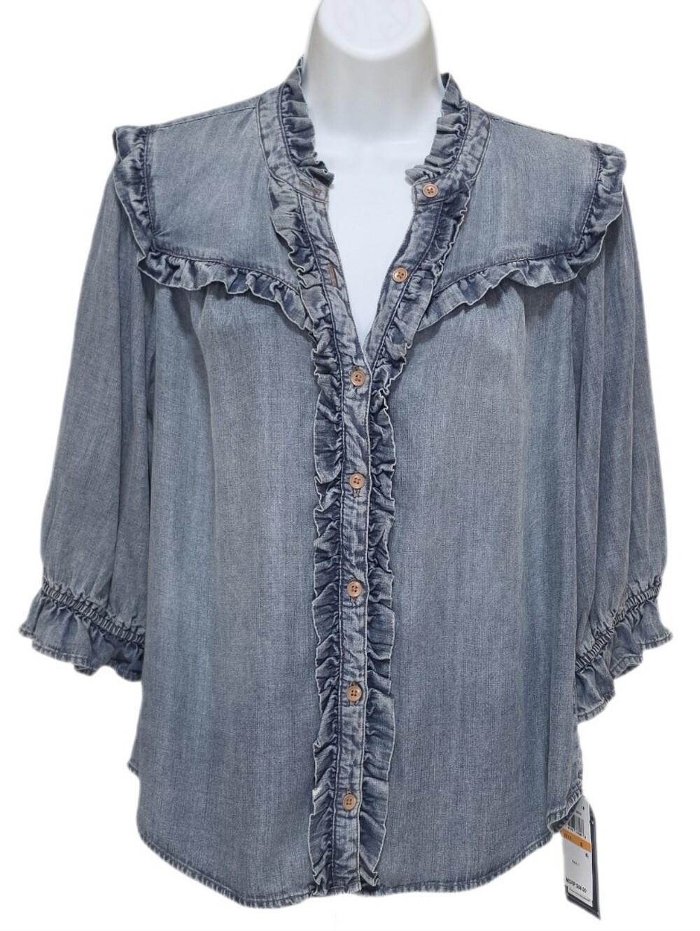 Democracy Ruffle-Trim Button-Front Chambray Top 3/4 Puff Sleeve Washed Blue S